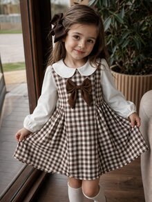 SHEIN Kids Young Girl Young Girls White & Khaki Colorblock 2 In 1 Waist-Cinching Dress, Cute Sleeve, Versatile - Multicolor - View 4