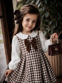 SHEIN Kids Young Girl Young Girls White & Khaki Colorblock 2 In 1 Waist-Cinching Dress, Cute Sleeve, Versatile - Multicolor - View 5