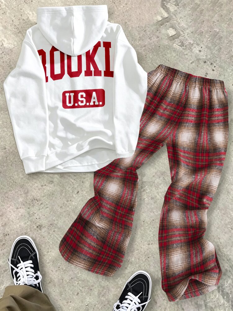 Teen Boys Casual Comfortable Versatile Hoodie & Plaid Pants Set - Multicolor - View 2