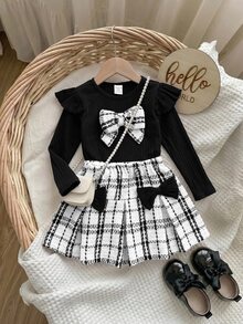 SHEIN Baby Girl Bow Decor T-Shirt And Tweed Autumn Skirt Set - Black - View 1