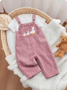 SHEIN Baby Girl Cartoon Embroidery Ruffle Trim Corduroy Overall Autumn Jumpsuit Without Tee - Pink - View 5