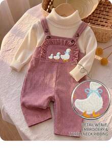 SHEIN Baby Girl Cartoon Embroidery Ruffle Trim Corduroy Overall Autumn Jumpsuit Without Tee - Pink - View 3