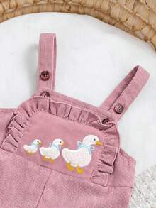SHEIN Baby Girl Cartoon Embroidery Ruffle Trim Corduroy Overall Autumn Jumpsuit Without Tee - Pink - View 7