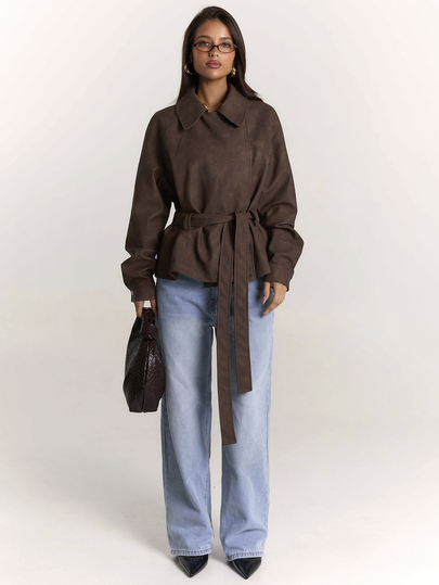 SHEIN BAE Chaqueta de cuero marrón vintage desgastado de manga larga para mujer, ropa casual de calle, para ir al trabajo y a la oficina