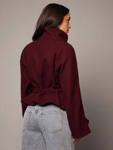 Silquee 女款復古優雅高領鈕扣長袖夾克 秋冬度假風 - 酒紅色 - 查看 3