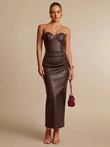 Silquee Women's Solid Color Elegant Waist-Cinched Party Long Dress - Brown - View 4
