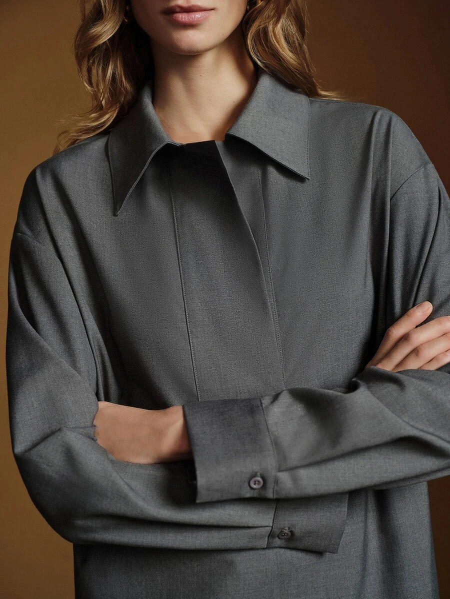 Anewsta Essential Elegant Commuter Women's Grey Hidden Placket Woven Shirt With Oversized Collar - Grey - View 1