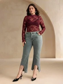 Anewsta 女款優雅秋冬百搭時尚性感透視蕾絲長袖上衣 - 酒紅色 - 查看 4