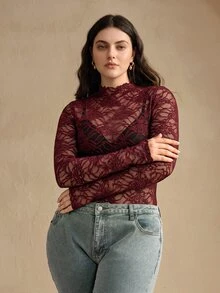 Anewsta 女款優雅秋冬百搭時尚性感透視蕾絲長袖上衣 - 酒紅色 - 查看 2