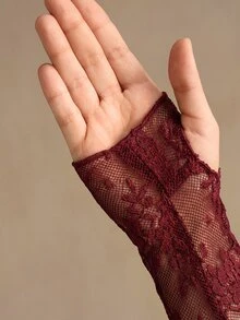 Anewsta 女款優雅秋冬百搭時尚性感透視蕾絲長袖上衣 - 酒紅色 - 查看 6