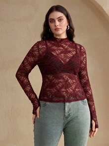 Anewsta 女款優雅秋冬百搭時尚性感透視蕾絲長袖上衣 - 酒紅色 - 查看 3