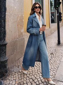 Anewsta Áo khoác trench denim hai hàng cúc dáng ôm thanh lịch đa năng - Màu xanh lam - Xem 7
