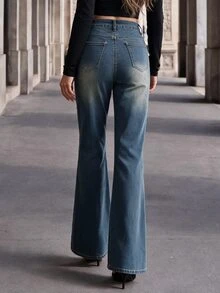Anewsta Women's Casual Versatile Slight Stretch Flare Leg Denim Jeans With Pockets - Blue - View 2