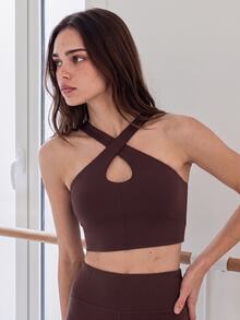Nöista Part Of A Set, Activewear Top With Crossed Halter Neck And Front Opening, Inside Removable Pads. Yoga, Pilates, Barre, Fall, Winter, Casual, Sports. - Brown - View 6
