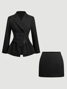 SHEIN MOD Setelan Blazer dan Rok Patchwork Renda Elegan untuk Wanita, Cocok untuk Acara Kantor, Pesta, Halloween, Warna Hitam, dan Musim Panas. - Hitam - View 5