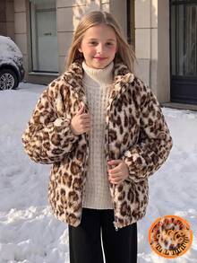 Tween Girls Long Sleeve Fleece Winter Stand Collar Zipper Front Cuffed Fur Jacket All-Over Heart Print Top School Black And White Leopard Print - Brown - View 1