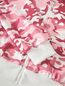 SHEIN 青少年女孩秋季套裝 3 件組 粉色迷彩街頭風 | 短版拉鍊連帽外套 + 寬腿慢跑褲 + 白色短版上衣 | - 彩色 - 查看 9