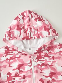 SHEIN 青少年女孩秋季套裝 3 件組 粉色迷彩街頭風 | 短版拉鍊連帽外套 + 寬腿慢跑褲 + 白色短版上衣 | - 彩色 - 查看 6