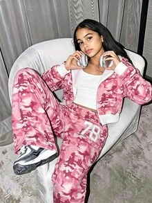 SHEIN 青少年女孩秋季套裝 3 件組 粉色迷彩街頭風 | 短版拉鍊連帽外套 + 寬腿慢跑褲 + 白色短版上衣 | - 彩色 - 查看 4