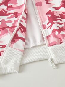 SHEIN 青少年女孩秋季套裝 3 件組 粉色迷彩街頭風 | 短版拉鍊連帽外套 + 寬腿慢跑褲 + 白色短版上衣 | - 彩色 - 查看 8
