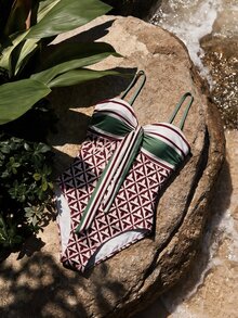 CAJUNI  Beach Vacation Geometric Striped Front Knot Fashion One-Piece Swimsuit Bikini - Multicolor - View 3
