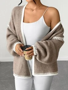 Elenzga Plus Size Women's Loose Lazy Flattering Slimming Thick Dropped Shoulder Long Sleeve Knit Cardigan - Khaki - View 5