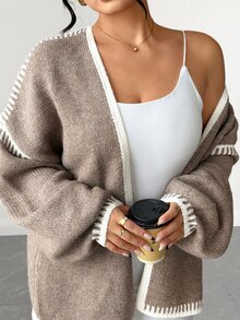 Elenzga Plus Size Women's Loose Lazy Flattering Slimming Thick Dropped Shoulder Long Sleeve Knit Cardigan - Khaki - View 1
