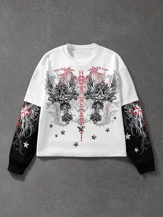 Camiseta casual de cuello redondo 2 en 1 con estampado de alas para hombre