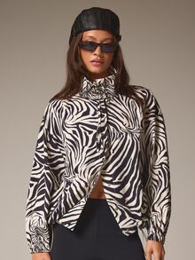 Athîral Jaket Kasual Longgar Lengan Panjang Wanita Motif Zebra dengan Kerah Corong, Cocok untuk Musim Gugur dan Musim Dingin, untuk Jalan-jalan, Tali Serut di Bagian Bawah, Saku Samping, Gaya Jalanan Vintage Longgar - MultiWarna - View 6