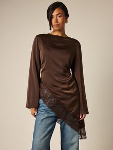 COSMINA Women's Casual Elegant Contrast Lace Asymmetric Hem Top - Brown - View 5