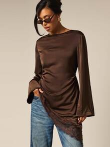 COSMINA Women's Casual Elegant Contrast Lace Asymmetric Hem Top - Brown - View 2