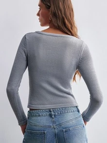Willow Rêve Women's Grey Lace Patchwork Square Neck Fitted Cardigan Sweater - Grey - View 2