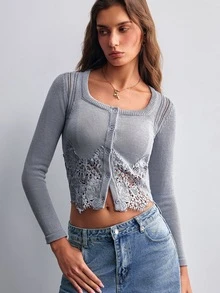 Willow Rêve Women's Grey Lace Patchwork Square Neck Fitted Cardigan Sweater - Grey - View 7