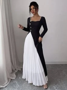 Elenzga Autumn/Winter Elegant Square Neck Rhinestone Black & White Patchwork Cinched Waist Pleated Dress For Party And Commute, Romantic And Exquisite Women's Dress - Black and White - View 5