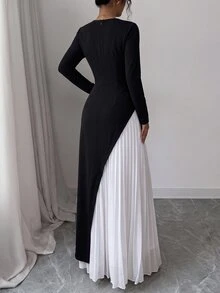 Elenzga Autumn/Winter Elegant Square Neck Rhinestone Black & White Patchwork Cinched Waist Pleated Dress For Party And Commute, Romantic And Exquisite Women's Dress - Black and White - View 2