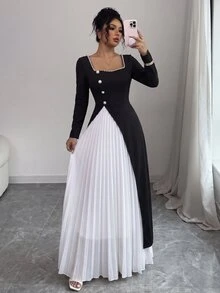 Elenzga Autumn/Winter Elegant Square Neck Rhinestone Black & White Patchwork Cinched Waist Pleated Dress For Party And Commute, Romantic And Exquisite Women's Dress - Black and White - View 4