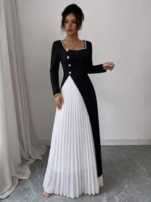 Elenzga Autumn/Winter Elegant Square Neck Rhinestone Black & White Patchwork Cinched Waist Pleated Dress For Party And Commute, Romantic And Exquisite Women's Dress - Black and White - View 3