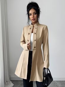 Elenzga 優雅休閒通勤專業商務女款小立領淺褐色中長版薄款夾克，適合辦公室、晚餐、秋季 - 卡其色 - 查看 6