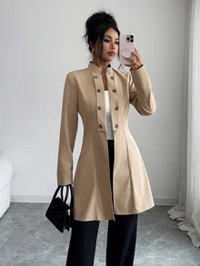 Elenzga 優雅休閒通勤專業商務女款小立領淺褐色中長版薄款夾克，適合辦公室、晚餐、秋季 - 卡其色 - 查看 4