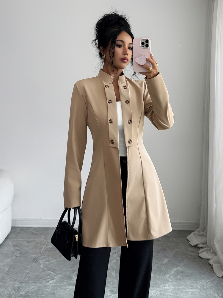 Elenzga Elegant Casual Commuter Professional Business Small Stand Collar Tan Women's Mid-Length Thin Jacket Office Dinner Fall - Khaki - View 4