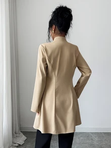 Elenzga 優雅休閒通勤專業商務女款小立領淺褐色中長版薄款夾克，適合辦公室、晚餐、秋季 - 卡其色 - 查看 2
