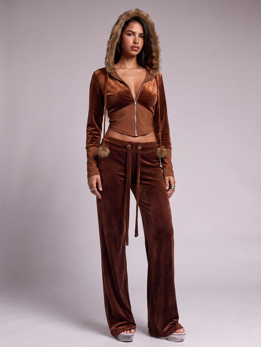 Nooralise Fashionable Hot Girl Y2K Brown Velvet Patchwork Faux Fur Hooded Slim Fit Jacket With Pom Pom Rope Decoration And Flared Long Pants 2 Pieces Set - Brown - View 1