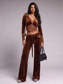 Nooralise Fashionable Hot Girl Y2K Brown Velvet Patchwork Faux Fur Hooded Slim Fit Jacket With Pom Pom Rope Decoration And Flared Long Pants 2 Pieces Set - Brown - View 5