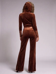 Nooralise Fashionable Hot Girl Y2K Brown Velvet Patchwork Faux Fur Hooded Slim Fit Jacket With Pom Pom Rope Decoration And Flared Long Pants 2 Pieces Set - Brown - View 2