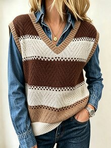 Holdful Holdful Women's V-Neck Colorblock Casual Daily Knit Vest - Multicolor - View 4