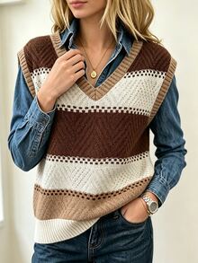 Holdful Holdful Women's V-Neck Colorblock Casual Daily Knit Vest - Multicolor - View 5