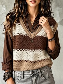 Holdful Holdful Women's V-Neck Colorblock Casual Daily Knit Vest - Multicolor - View 2
