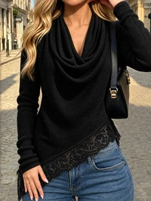 SHEIN LUNE Women's Solid Color Cowl Neck Casual Versatile Daily Wear Long Sleeve Sweater,Draped Collar Design, Lace Patchwork, Irregular Bottom Hem Sweater - Black - View 4