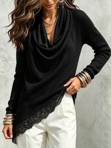 SHEIN LUNE Women's Solid Color Cowl Neck Casual Versatile Daily Wear Long Sleeve Sweater,Draped Collar Design, Lace Patchwork, Irregular Bottom Hem Sweater - Black - View 5