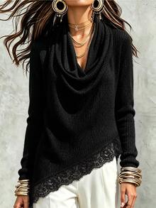 SHEIN LUNE Women's Solid Color Cowl Neck Casual Versatile Daily Wear Long Sleeve Sweater,Draped Collar Design, Lace Patchwork, Irregular Bottom Hem Sweater - Black - View 2